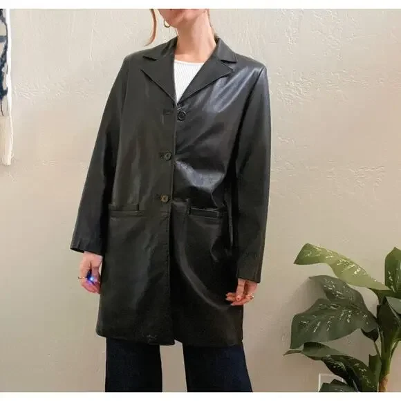 Vintage 1990's Black Leather Oversized Longline Blazer Jacket - Picture 3 of 5